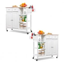 White Kitchen Island on Wheels Kitchen Cart with Cabinet 3 Layer Shelves Set of 2 by Unbranded