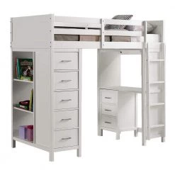 Boraam Sales Store 39 Nora White Twin Loft Bed with Bed Rails, Bookshelves, Drawers and Ladder by Unbranded