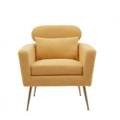 29.5" W Yellow Modern Chenille Upholstery Chair Armchair Upholstered with Gold Metal Legs and Throw Pillow by Unbranded